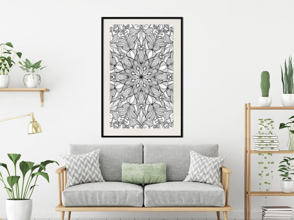 Black and White Framed Poster - Colourless Mandala-artwork for wall with acrylic glass protection