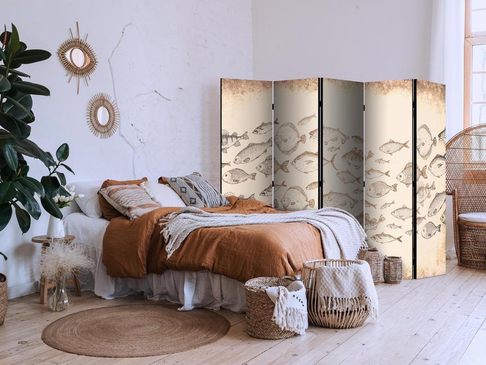 Room Divider - Sketch of a Fish School - Sketches of Various Fish Species Swimming in a School on a Beige Background in Vintage Style- A 5 Panel Folding Screen For Living rooms, bedrooms or home office, decorative folding screen made with wood and canvas