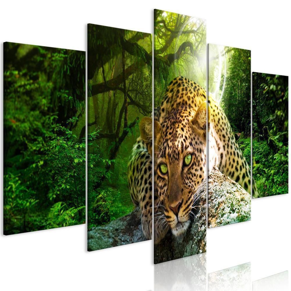 Canvas Print - Leopard Lying (5 Parts) Wide Green-ArtfulPrivacy-Wall Art Collection