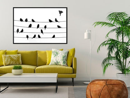 Black and White Framed Poster - Birds Council Meeting-artwork for wall with acrylic glass protection