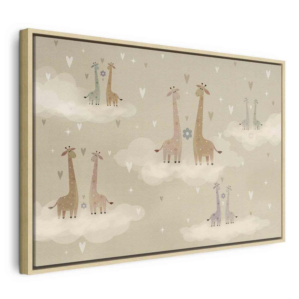 Impression sur toile - Amour - Girafes colorées flottant sur des nuages ​​parmi des cœurs et des étoiles