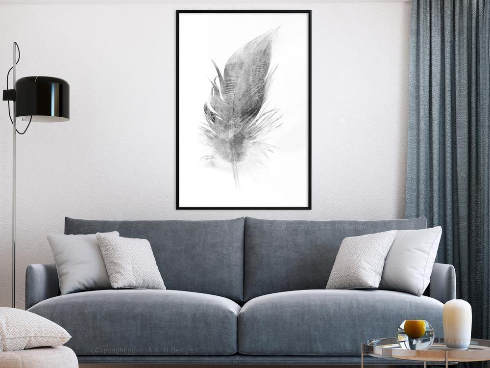 Black and White Framed Poster - Lost Feather (Grey)-artwork for wall with acrylic glass protection