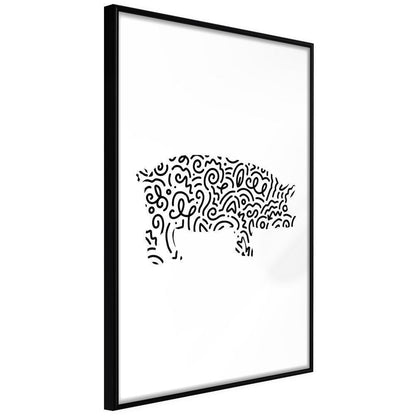 Black and White Framed Poster - Curly Pig-artwork for wall with acrylic glass protection