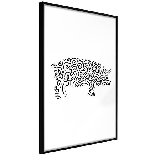 Black and White Framed Poster - Curly Pig-artwork for wall with acrylic glass protection
