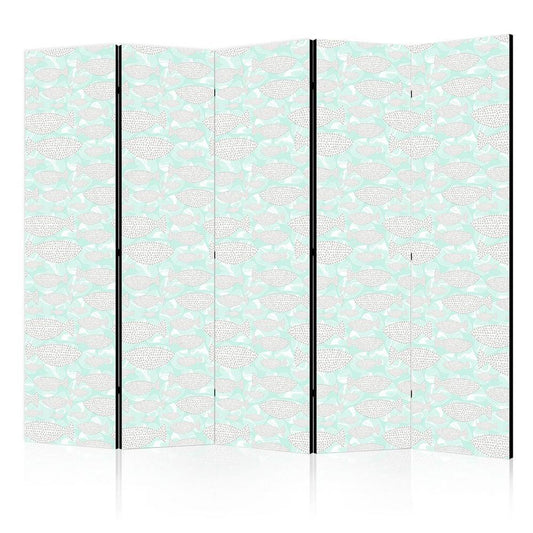 Room Divider - Minimalist Fish - Fishes With Grey Dots Against a Crystal Sheet of Water in Mint Green Colors- A 5 Panel Folding Screen For Living rooms, bedrooms or home office, decorative folding screen made with wood and canvas