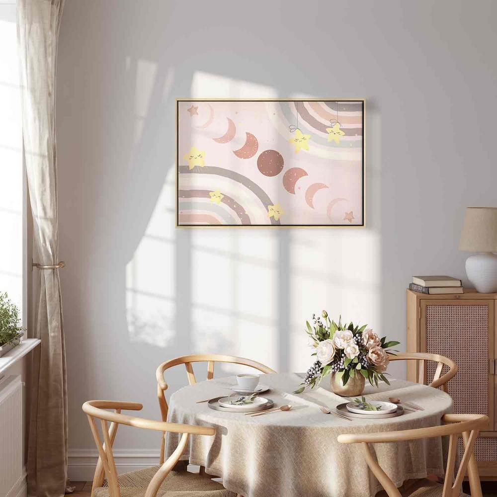 Canvas Print - Joyful Sky - Yellow Cheerful Stars with a Rainbow Against the Phases of the Moon in a Light Beige Sky Hue