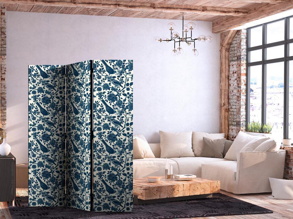 Room Divider - Rose Vines - Monochromatic Blue Birds Resting Among Roses