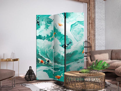 Room Divider - Koi Fish Among Waves - Japanese Fish Among Waves in Shades of Turquoise And White