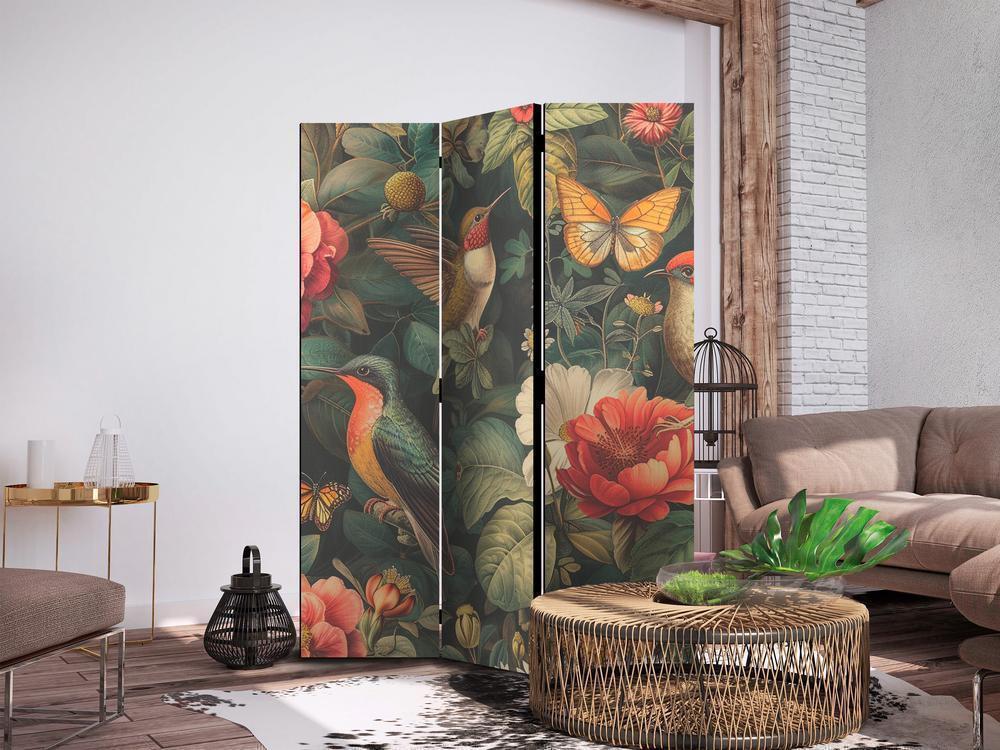 Room Divider - In the Botanical Garden - Flowers Birds and Butterflies - Colorful Illustration