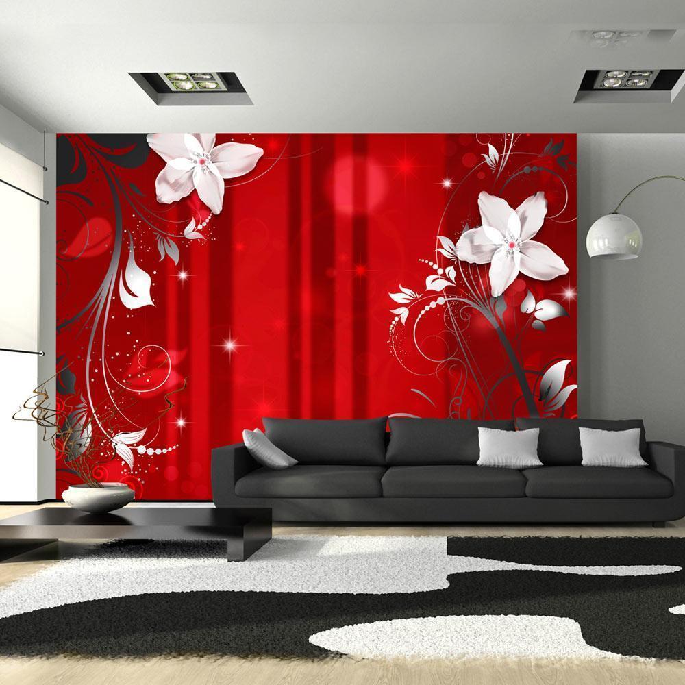 Wall Mural - Abstract in red - white flower motif with patterns and sparkles-Wall Murals-ArtfulPrivacy