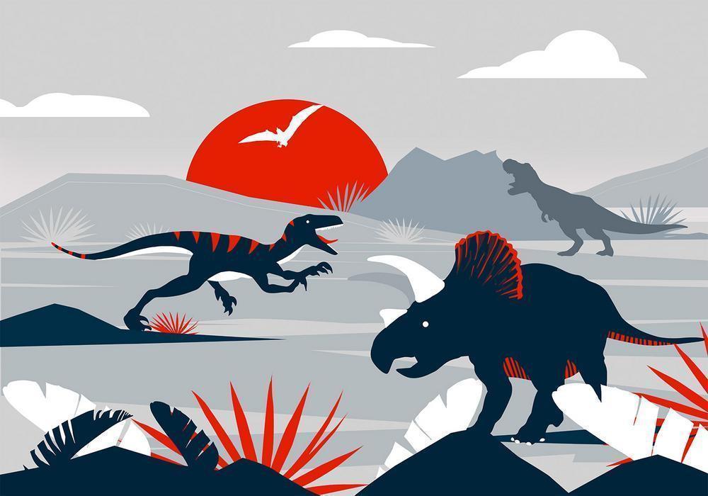 Wall Mural - Last dinosaurs with red - abstract landscape for a room-Wall Murals-ArtfulPrivacy