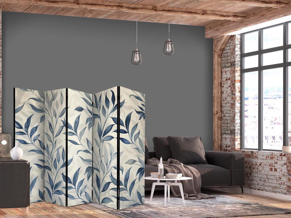 Room Divider - Leaves in Blue Colors - Delicate Botanical Motif- A 5 Panel Folding Screen For Living rooms, bedrooms or home office, decorative folding screen made with wood and canvas