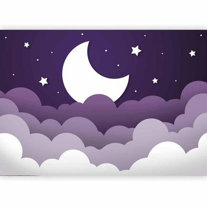 Papier peint - Rêve de lune - nuages ​​dans un ciel violet avec des étoiles pour les enfants