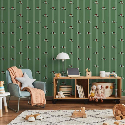 Wallpaper - Sports Whistles - Repeating pattern on a striped green background