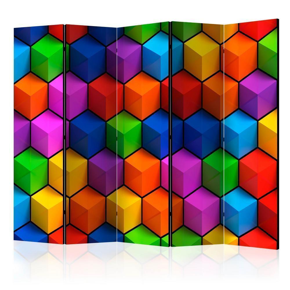 Room Divider - Colorful Geometric Boxes II- A 5 Panel Folding Screen For Living rooms, bedrooms or home office, decorative folding screen made with wood and canvas