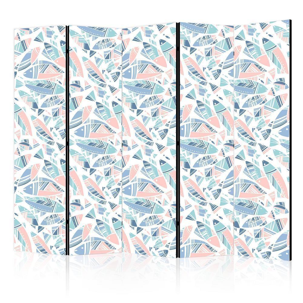 Room Divider - Fish in Minimalist Style - Fish in Aztec Style in Pastel Color Tones on a White Background- A 5 Panel Folding Screen For Living rooms, bedrooms or home office, decorative folding screen made with wood and canvas