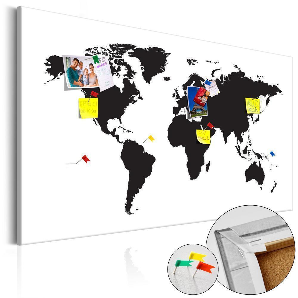 Cork board Canvas with design - Decorative Pinboard - World Map: Black & White Elegance-ArtfulPrivacy