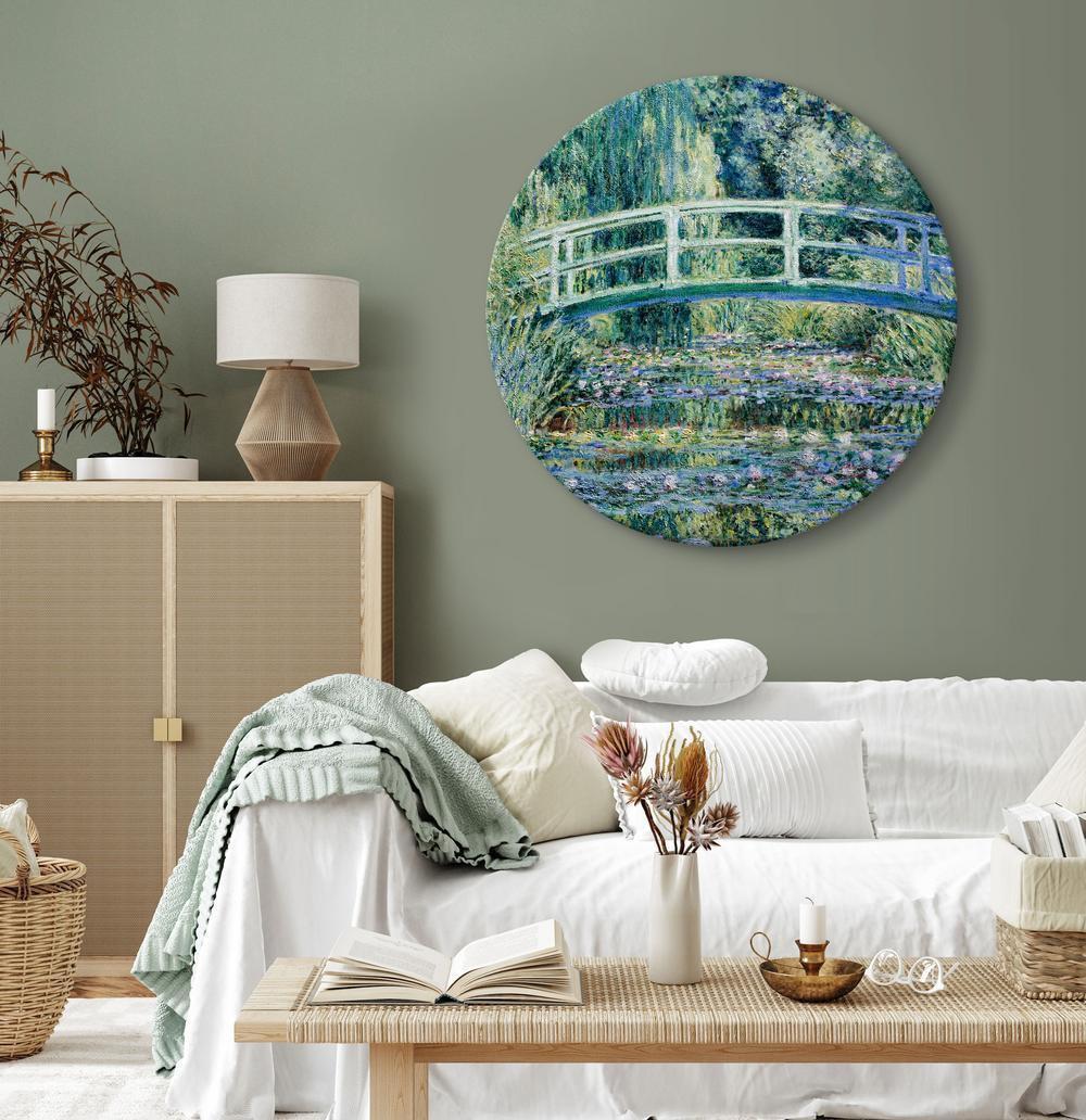 Circle shape wall decoration with printed design - Round Canvas Print - Bridge at Giverny Claude Monet - Spring Landscape of a Forest With a River - ArtfulPrivacy