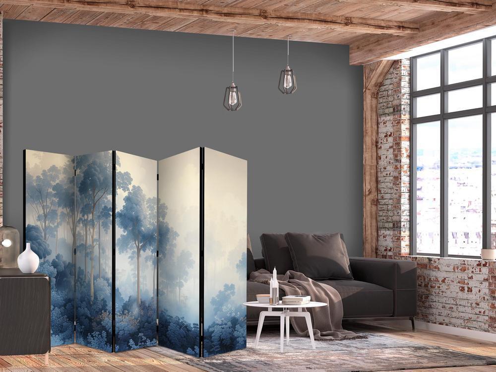 Room Divider - Landscape With Trees in Illustration Style Fairy Blue Forest- A 5 Panel Folding Screen For Living rooms, bedrooms or home office, decorative folding screen made with wood and canvas