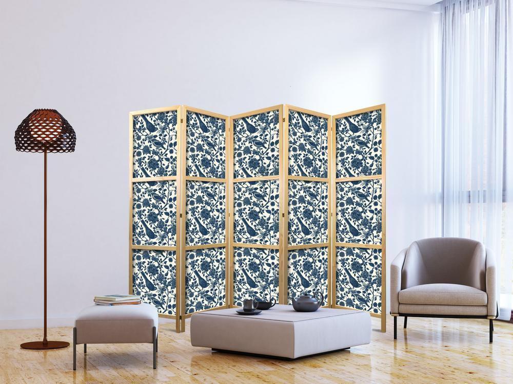 Japanese Room Divider - Rose Vines - Monochromatic Blue Birds Resting Among Roses