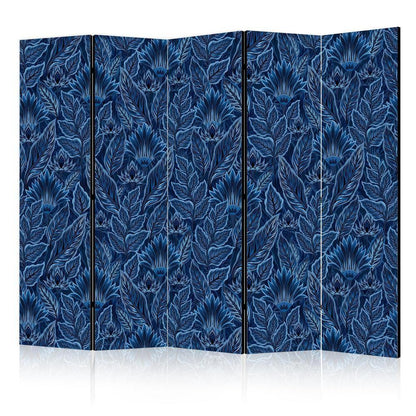 Room Divider - Dense Vegetation - Botanical Patterns in Illustrative Style Blue- A 5 Panel Folding Screen For Living rooms, bedrooms or home office, decorative folding screen made with wood and canvas