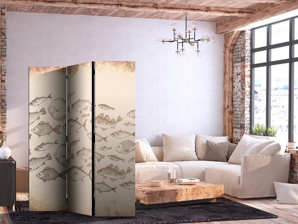 Room Divider - Sketch of a Fish School - Sketches of Various Fish Species Swimming in a School on a Beige Background in Vintage Style