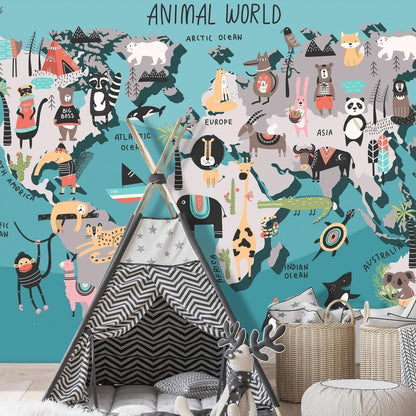 Wall Mural - Geography lesson for children - colourful world map with animals-Wall Murals-ArtfulPrivacy
