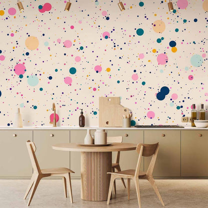 Wall Mural - Dots Speckles and Splatters Multicolored Cheerful Pattern on a Light Pink Background