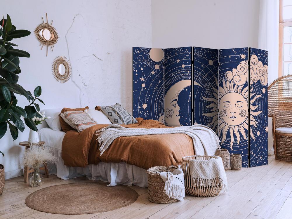 Room Divider - Cosmic Harmony - Illustration of the Sun and Moon on a Navy Background- A 5 Panel Folding Screen For Living rooms, bedrooms or home office, decorative folding screen made with wood and canvas