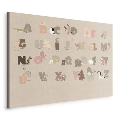 Impression sur toile - Alphabet au zoo - Animaux joyeux et leurs noms sur fond beige