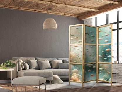 Japanese Room Divider - Spectacular Underwater Landscape - Fish in the Underwater World in Colors of Turquoise Blue Beige and Delicate Orange