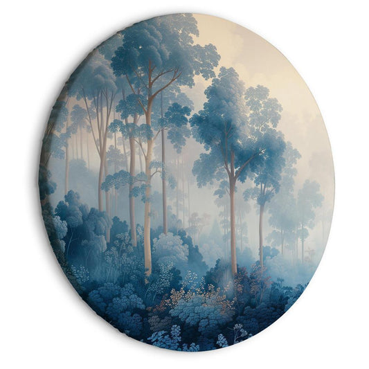 Round Canvas Print - Landscape with Trees in Illustrative Style Fairy-Tale Blue Forest