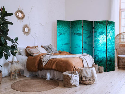 Room Divider - Underwater Paradise - Numerous Shoal of Fish in a Beautiful Turquoise-Blue Depth Illuminated by Sunlight- A 5 Panel Folding Screen For Living rooms, bedrooms or home office, decorative folding screen made with wood and canvas