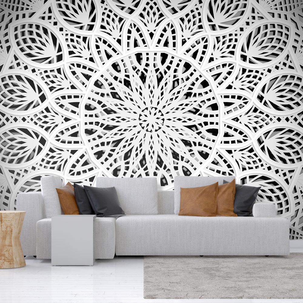 Wall Mural - Orient - white geometric composition in the type of mandala on a black background-Wall Murals-ArtfulPrivacy