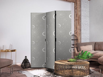 Room Divider - Cosmic Fireworks - Elegant Pattern with Moons and Stars on a Gray Background