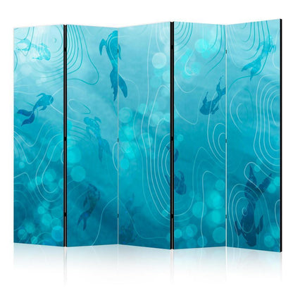 Room Divider - Koi Fish Beneath the Water Surface - A Cluster of Japanese Fish in the Depths of the Pond in Shades of Navy and Blue- A 5 Panel Folding Screen For Living rooms, bedrooms or home office, decorative folding screen made with wood and canvas