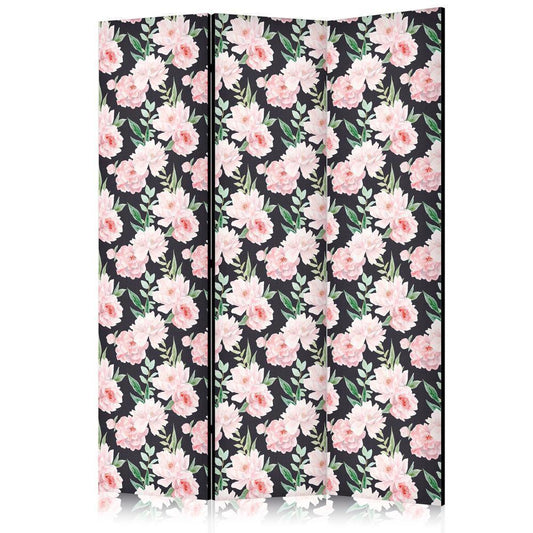 Room Divider - Peonies - Pink Flowers and Green Leaves on a Graphite Background