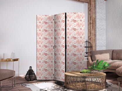 Room Divider - Pink Blossoming - Flowers in Warm Colors on a White Background