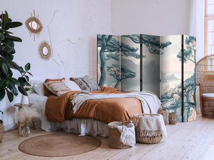 Room Divider - Mountainous Coast with Trees and Rocks - in Light Pastel Blues- A 5 Panel Folding Screen For Living rooms, bedrooms or home office, decorative folding screen made with wood and canvas