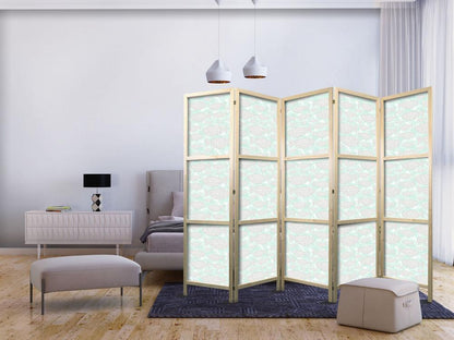 Japanese Room Divider - Minimalist Fish - Fishes From Grey Dots Against a Crystal Sheet of Water in Mint Green Colors