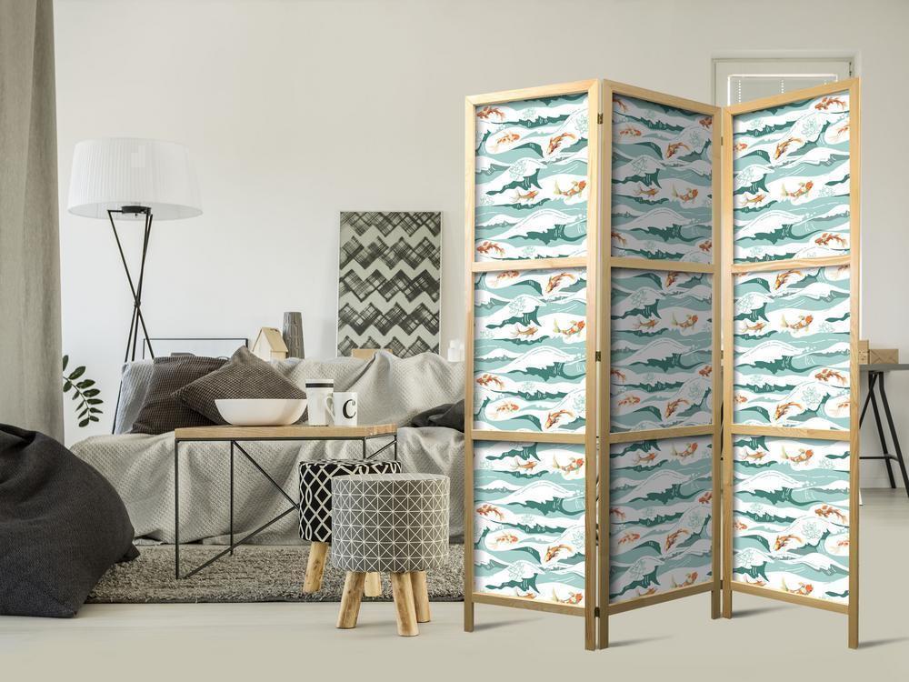 Japanese Room Divider - Fish Jumping Over Waves - Oriental Fish and Water Lilies Among High Waves in Shades of Sea Green