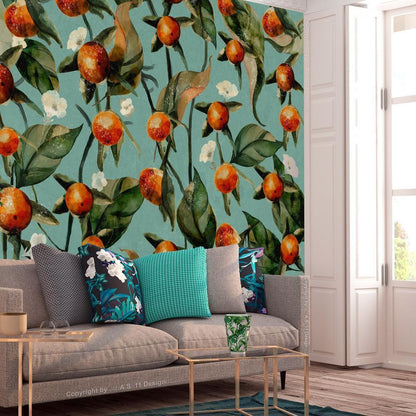 Wall Mural - Orange grove - plant motif with fruit and leaves on a blue background-Wall Murals-ArtfulPrivacy