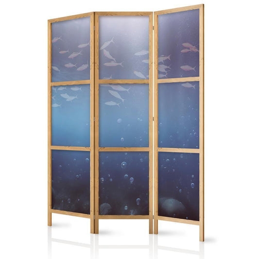 Japanese Room Divider - School of Small Fish - Illuminated Oceanic Depth in Shades of Navy Purple and Gray with a School of Tiny Fish