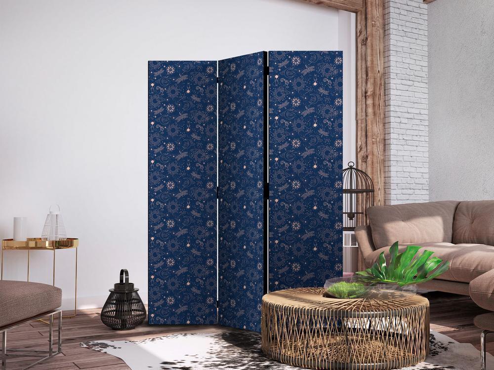 Room Divider - Cosmic Fantasy - Pattern with Suns Moons and Dragonflies on a Dark Background