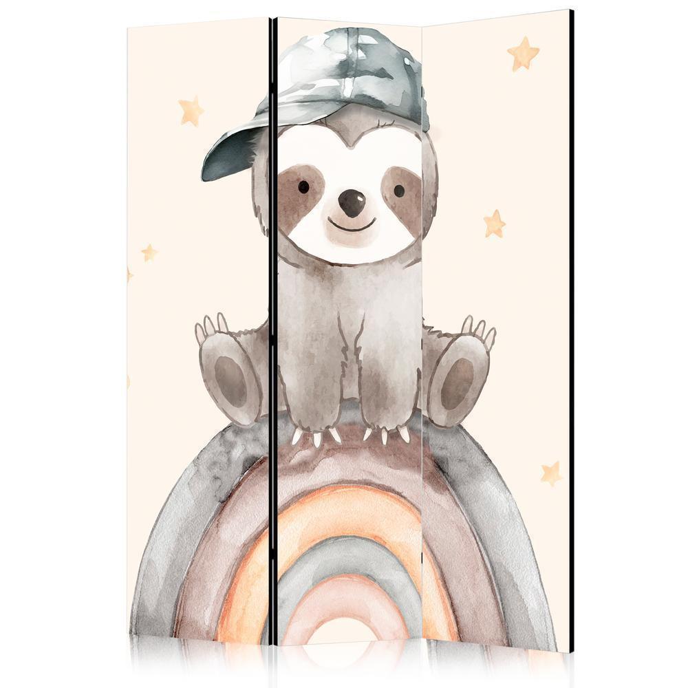 Room Divider - Happy Sloth - Sloth in Muted Colors - Wearing a Cap - Sitting on a Rainbow Among the Stars