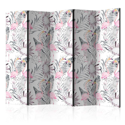 Room Divider - Flamingos and Twigs II- A 5 Panel Folding Screen For Living rooms, bedrooms or home office, decorative folding screen made with wood and canvas