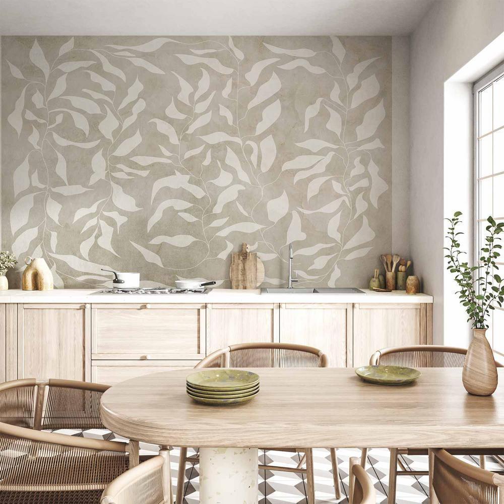 Wall Mural - White leaves - abstract plant motif on beige background with frame