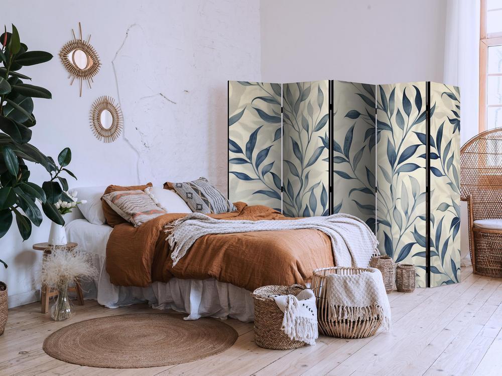 Room Divider - Leaves in Blue Colors - Delicate Botanical Motif- A 5 Panel Folding Screen For Living rooms, bedrooms or home office, decorative folding screen made with wood and canvas