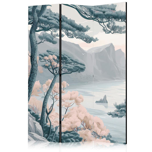 Room Divider - Mountainous Coast with Trees and Rocks - in Light Pastel Blues