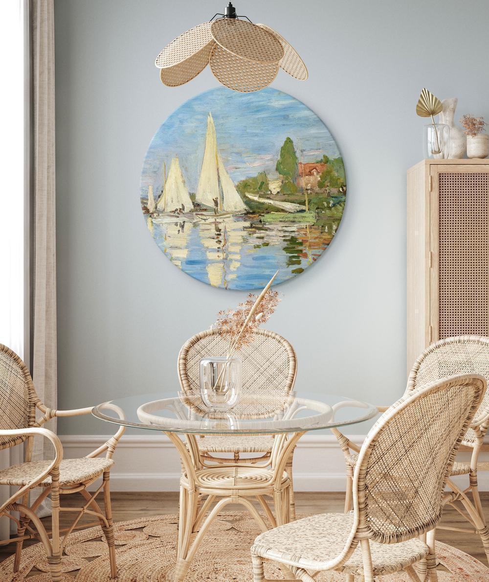 Circle shape wall decoration with printed design - Round Canvas Print - Round Regatta in Argenteuil Claude Monet - The Landscape of Sailboats on the River - ArtfulPrivacy